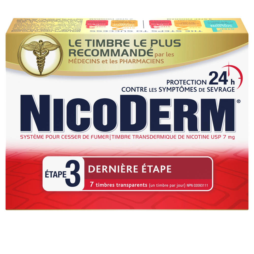 Paquet de timbres transdermiques NICODERM® Étape 3, 7 mg de nicotine, 7 timbres transparents