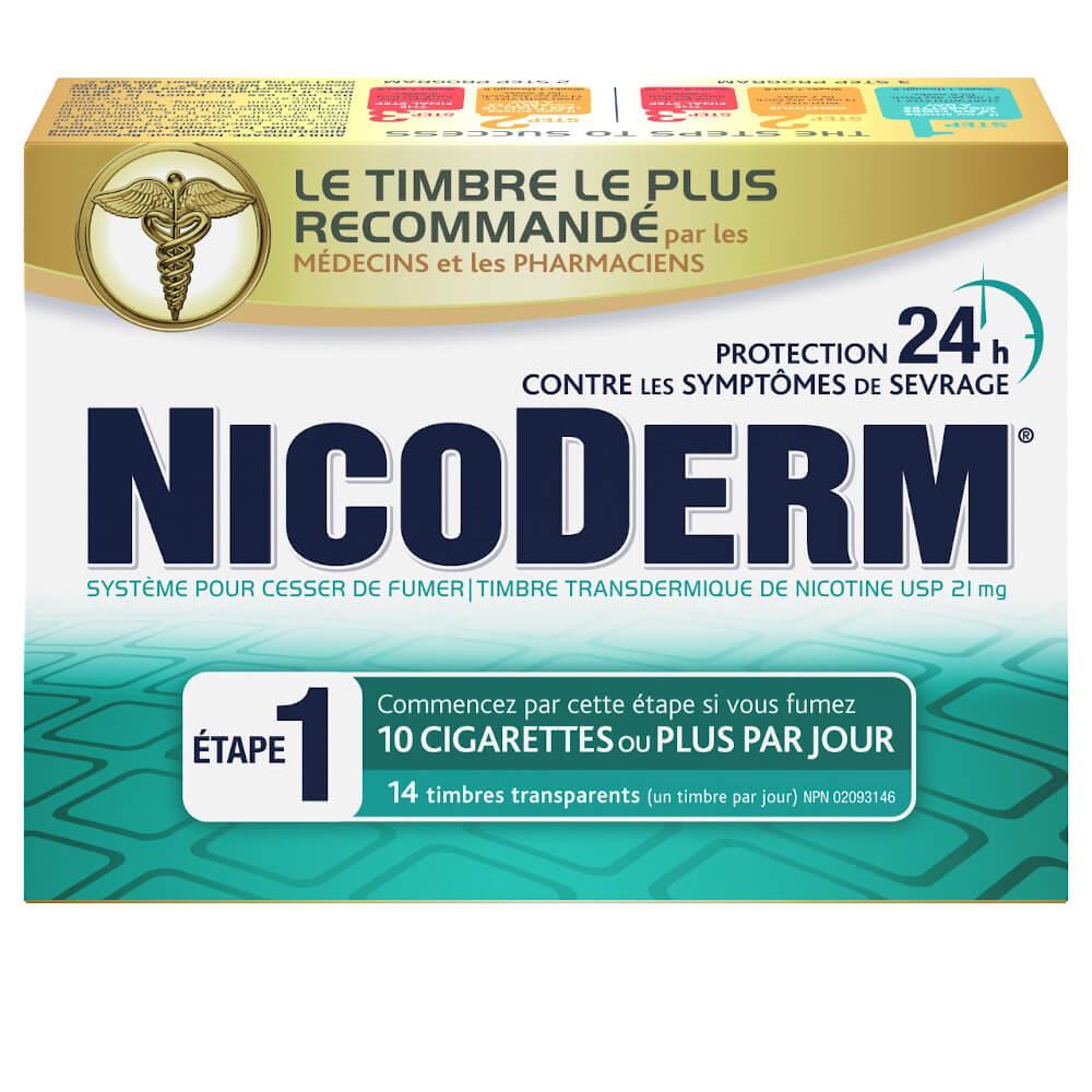 Paquet de timbres transdermiques NICODERM® Étape 1, 21 mg de nicotine, 14 timbres transparents